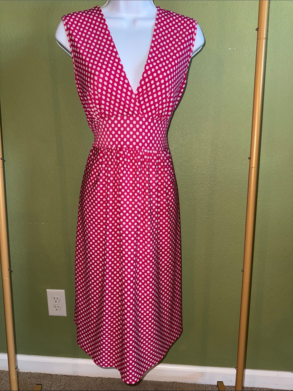 Jon & Anna Fuchsia Polka Dot V-Neck Midi Dress - Picture 2 of 5